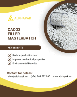 Promotional banner for Alphapak’s CaCO₃ filler masterbatch, showing white plastic pellets and highlighting benefits like cost reduction and improved properties.
