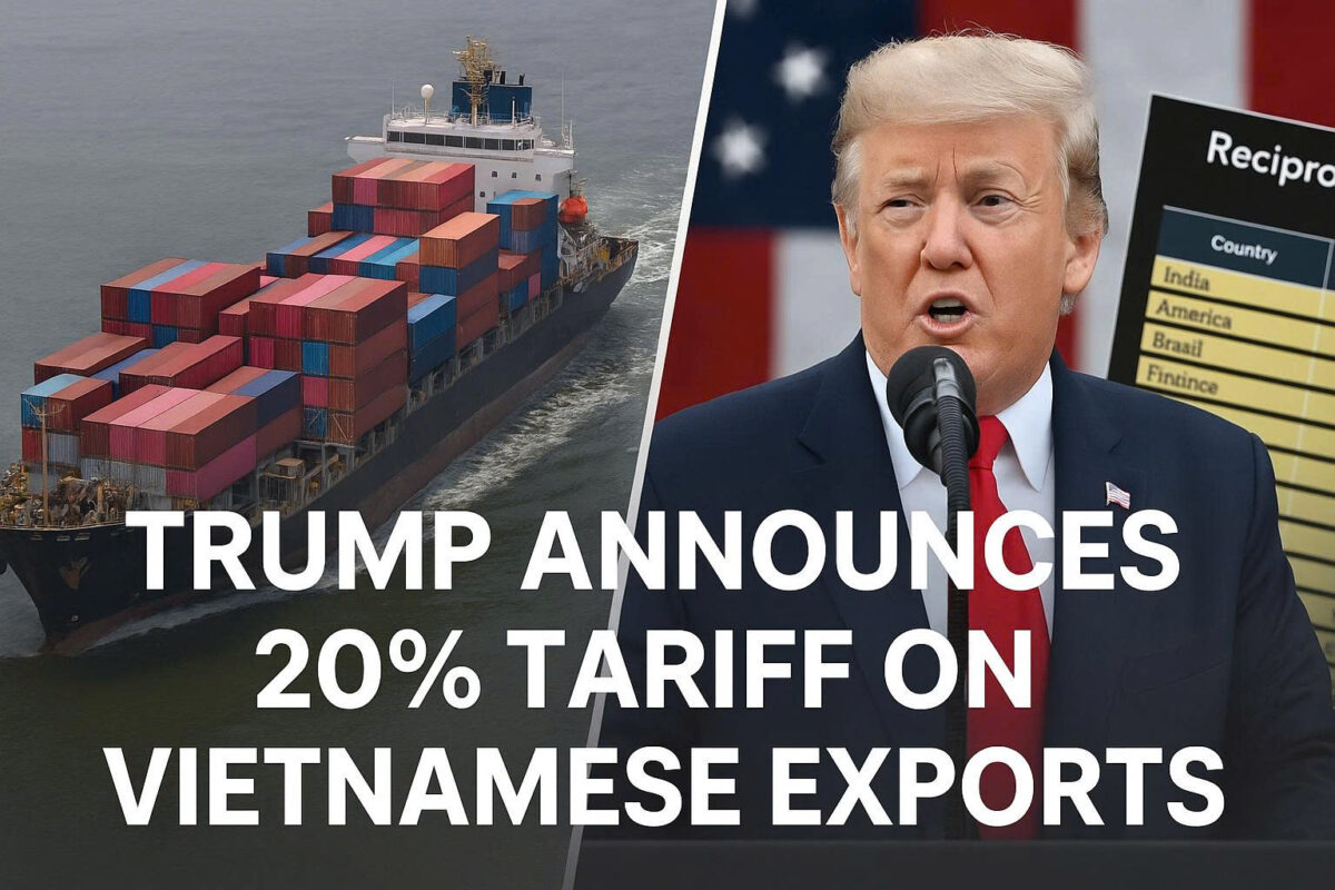 Donald Trump speaking in front of a U.S. flag, with a container ship beside him and bold text announcing a 20% tariff on Vietnamese exports.