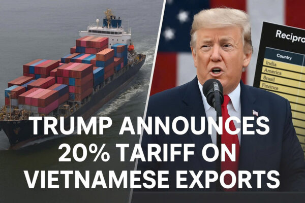 Donald Trump speaking in front of a U.S. flag, with a container ship beside him and bold text announcing a 20% tariff on Vietnamese exports.